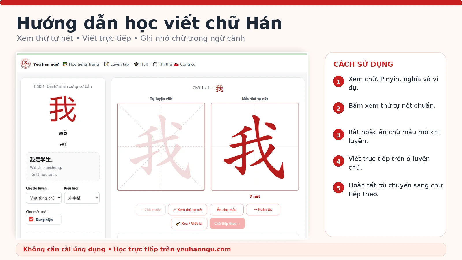 Hướng dẫn học viết chữ Hán trên Yêu Hán Ngữ